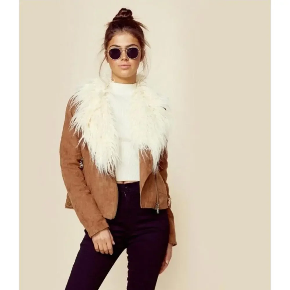 Show Me Your Mumu Amelia Jacket Clove Faux Suede Faux Sherpa Fur Brown Small